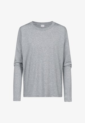 Grijze langwerpige T-shirt met lange mouwen van een gladde stof. Heeft een ronde hals en een ontspannen pasvorm. Eenvoudig ontwerp zonder zichtbare patronen of accenten.