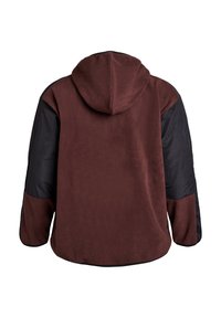 Hooded fleece jacket with brown soft fabric body and black nylon sleeves, shown from the back.