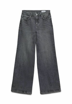 Jeans à jambes larges en denim gris foncé. Dotés de cinq poches, passants de ceinture et d'une fermeture à bouton. Texture lisse avec de légères détails de décoloration.
