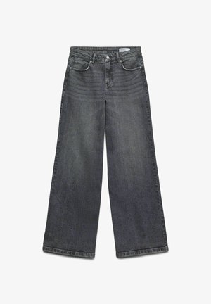 Wijdlopende jeans van donkergrijs denim. Bevat vijf zakken, riemlussen en een knoopsluiting. Soepele textuur met subtiele whiskering-details.