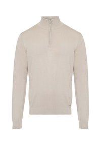 Light beige zip-neck pullover with long sleeves, ribbed cuffs, and a smooth texture. Features a small logo accent near the hem.