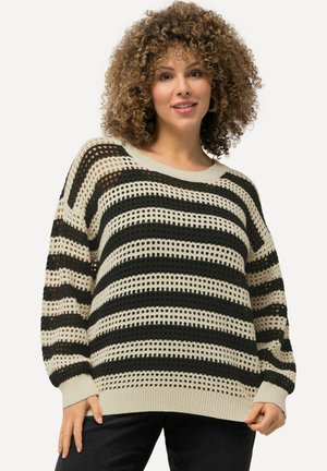 Gestreifter Pullover mit lockerem Design und offenem Strickmuster in Schwarz und Beige. Ribbenkragen und -bündchen runden den Look ab.