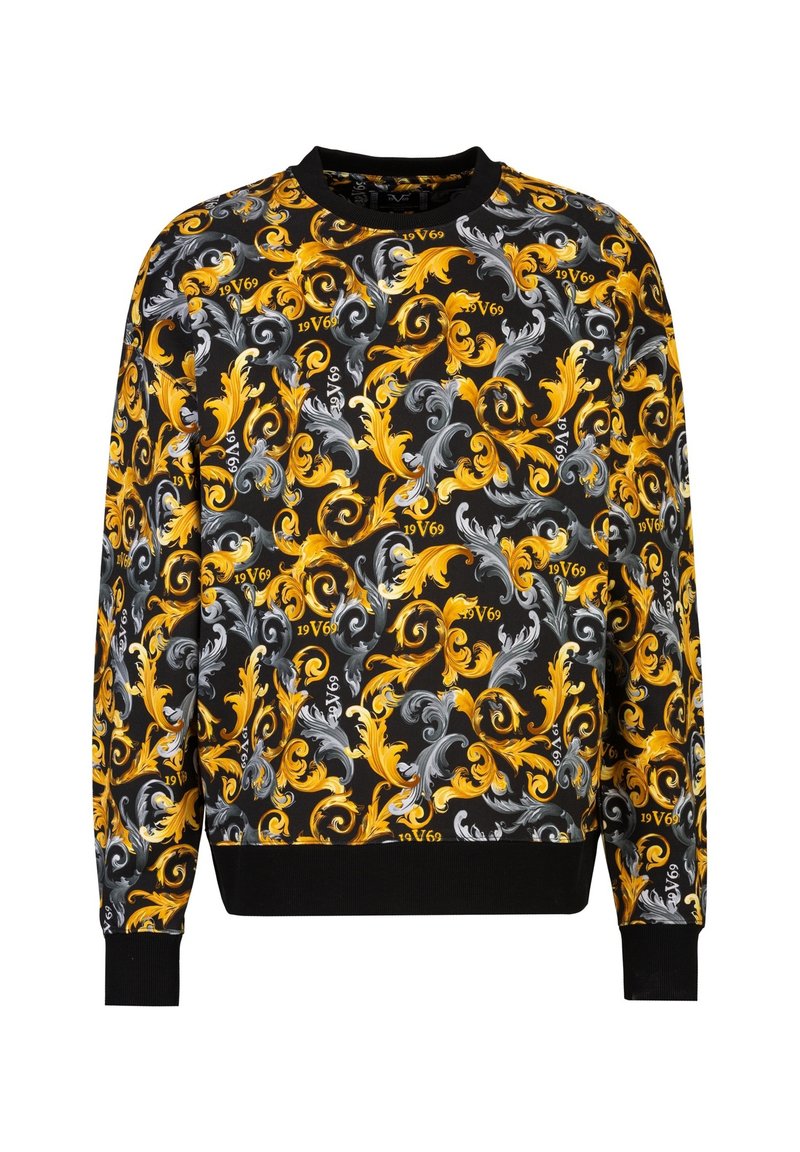 Langärmliger Pullover mit schwarzem Hintergrund, verz ornamentalen blauen, gelben und weißen blumigen Mustern sowie nummerischen Akzenten. Gerippte Bündchen und Kragen.