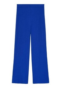 Wide-leg pants in vibrant blue knit fabric with a smooth texture. Features an elastic waistband and a loose fit for comfort.
