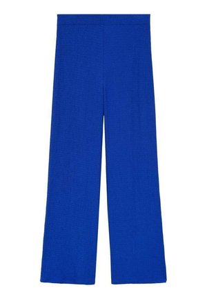 Pantaloni largi dintr-un material tricotat de culoare albastră vibrantă, cu o textură fină. Prezintă un talie elastică și o croială lejeră pentru confort.
