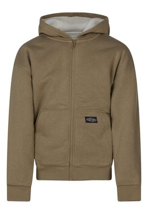 Sweat à capuche marron zippé avec poches avant et doublure intérieure en polaire blanche chaude dans la capuche, comportant un petit écusson logo sur la poche.