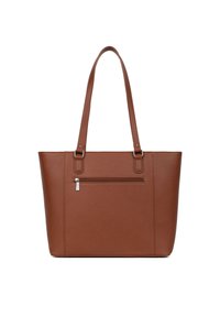 Borsa tote in pelle marrone con manici doppi, forma rettangolare, superficie testurizzata e tasca frontale con zip. Design minimalista.