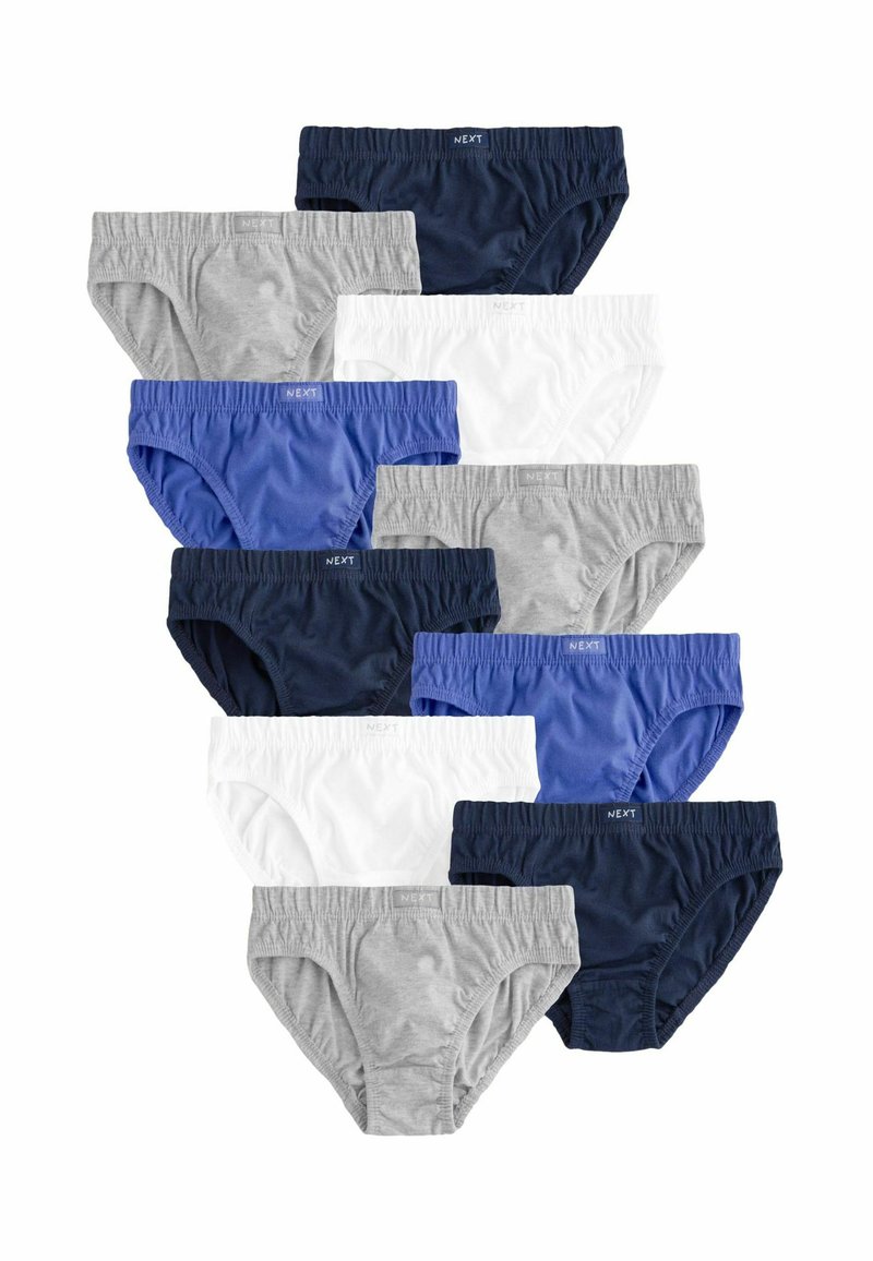 10er-Pack Baumwollslips in Marineblau, Blau, Grau und Weiß. Mit elastischem Bund und einfarbigem Design. Leicht und mit weicher Textur.