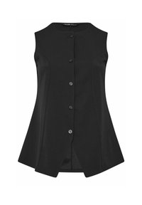 Chaleco negro sin mangas con cuello redondo y dobladillo ligeramente acampanado, que cuenta con cinco botones en la parte delantera y costuras estructuradas.