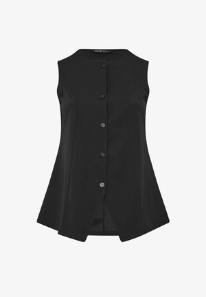 Bezrękawnik w kolorze czarnym, zapinany na guziki, z okrągłym dekoltem i lekko rozszerzanym dołem, z pięcioma guzikami z przodu oraz wyrazistymi przeszyciami.