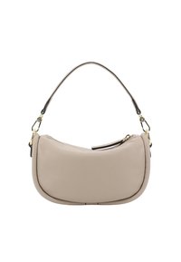 Beige Lederhandtasche mit abgerundeter Form und kurzem, geschwungenem Tragegriff oben. Verfügt über einen Reißverschluss und goldfarbene Metallakzente.