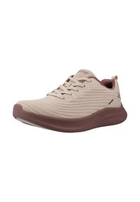Lichtbeige sport schoen met een gestructureerde mesh bovenkant en bordeauxrode accenten, met veters en een dikke, gevoerde zool voor comfort.