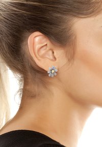 Gli orecchini a perno a forma di fiore argentati presentano pietre di rhinestone trasparenti e un accento centrale dorato. Il design è simmetrico con disposizioni simili a petali.