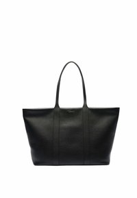 Sac fourre-tout en cuir noir avec une texture lisse, une forme structurée, deux longues poignées et un logo en relief subtil à l'avant.