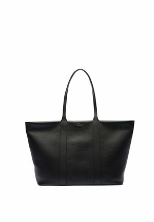 Sac fourre-tout en cuir noir avec une texture lisse, une forme structurée, deux longues poignées et un logo en relief subtil à l'avant.