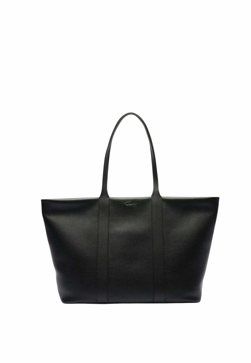 Sac fourre-tout en cuir noir avec une texture lisse, une forme structurée, deux longues poignées et un logo en relief subtil à l'avant.