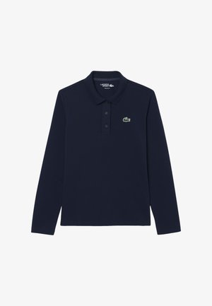 Mörkblå långärmad polo t-shirt i bomull med en tre-knappsknäppning, med en grön broderad krokodil-logga på vänster bröst.