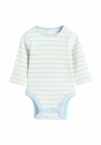 Gestreepte katoenen baby-bodysuit in lichtblauw en pale geel. Heeft lange mouwen, een ronde hals en drukknoopsluitingen onderaan. Zachte textuur.