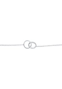 Bracciale in argento con due anelli intrecciati. Gli anelli hanno una finitura liscia e sono posizionati al centro della catena.