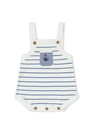 Pelele de bebé tejido blanco con rayas horizontales azul marino, tirantes con botones, tres botones en la parte inferior y un pequeño bolsillo a rayas con un diseño de velero.