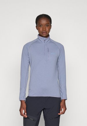 Sudadera azul claro de manga larga con media cremallera y un cuello alto, con rayas texturizadas y un pequeño bolsillo en el pecho con detalles en gris.