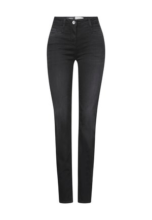 Jeans skinny in denim neri con una texture liscia, vita alta, passanti per cintura, cinque tasche e chiusura con bottone argentato.