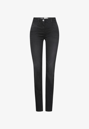 Zwarte denim skinny jeans met een gladde textuur, hoge taille, riemlussen, vijf zakken en een zilveren knoopsluiting.