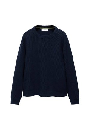 Maglione a coste di un blu navy scuro con scollatura rotonda e maniche lunghe, caratterizzato da una vestibilità rilassata e un tessuto testurizzato. Senza hardware o dettagli visibili.