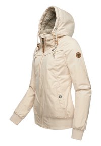 Veste d'hiver beige à capuche avec doublure en polaire, fermeture éclair à l'avant, cordons de serrage réglables, poignets côtelés et poches latérales avec rabats.