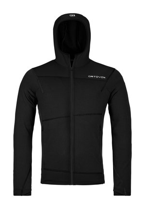Schwarzer Kapuzenpullover mit durchgehendem Reißverschluss, zwei Reißverschlusstaschen und ORTOVOX-Logo auf der Brust, entworfen für den Outdoor- oder Kälteeinsatz.