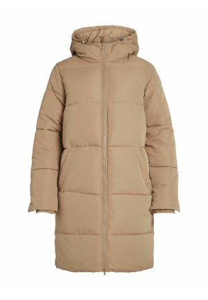 Manteau de doudoune beige à capuche avec fermeture éclair à l'avant, grandes poches et poignets côtelés. Il présente des coutures horizontales et un design de longueur intermédiaire.