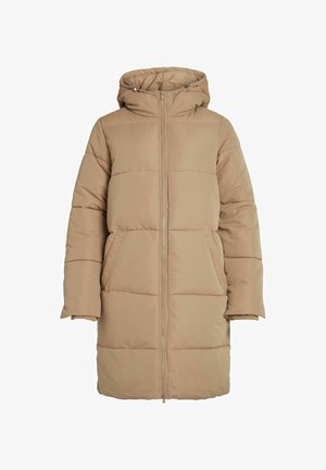 Púštna, kapucňová puffer bunda so zipsom na prednej strane, veľkými vreckami a žebrovanými manžetami. Obsahuje horizontálnu švovú líniu a strednú dĺžku.