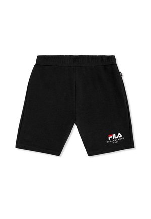 Shorts décontractés noirs avec taille élastique, poches latérales, et logo FILA blanc et rouge sur la jambe droite inférieure, sur fond blanc.