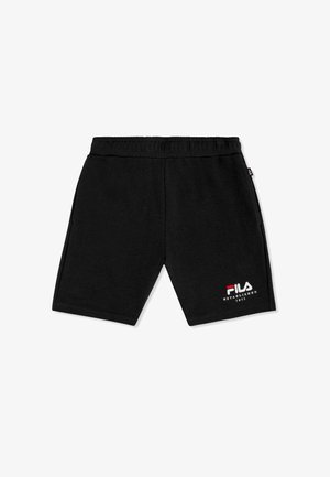 Shorts décontractés noirs avec taille élastique, poches latérales, et logo FILA blanc et rouge sur la jambe droite inférieure, sur fond blanc.