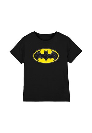 Black short-sleeve t-shirt with a large yellow and black Batman logo on the chest, featuring smaller bat silhouettes inside the logo.