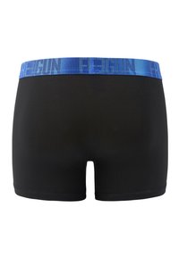 Black boxer shorts with a blue elastic waistband featuring the text "REGUN." Smooth cotton texture, fitted design, mid-thigh length.