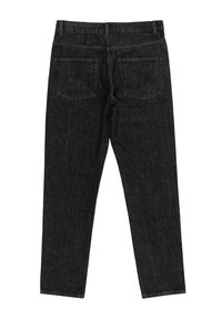Jeans en denim noir avec une coupe droite, style cinq poches et texture subtile. La vue arrière montre deux poches arrière et aucune marque visible.