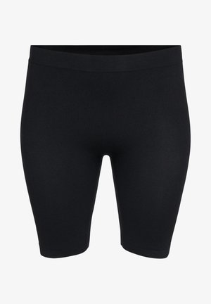 Juodos leggingai, pagaminti iš lygaus, elastingo audinio. Jie turi plačią juosmenį ir siekia vidurinę šlaunies dalį su pritaikytu dizainu.