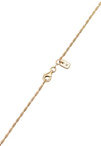 Gouden kettingarmband met een gedraaide ontwerp, voorzien van een karabijnhaak en een klein label met een gegraveerd symbool. Helaas gladde textuur.