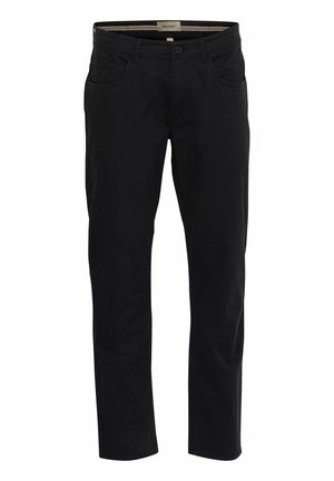 Pantaloni neri in misto cotone con vestibilità dritta, dotati di due tasche anteriori e chiusura a bottone. Tessuto morbido e design minimal.