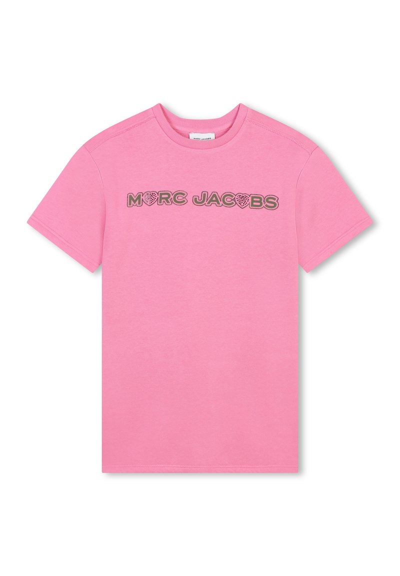 T-shirt en coton rose avec un col rond, des manches courtes et un logo avec des cœurs en lettres grises sur la poitrine.