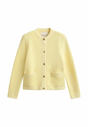 Light yellow button-up cardigan with long sleeves, round neckline, two front pockets, and gold-tone buttons.