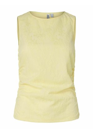 Top femme sans manches jaune pâle avec un motif floral embossé subtil, encolure ronde, côtés froncés, et ourlet droit.