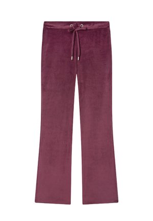 Fioletowe dresowe spodnie z weluru, z elastycznym pasem na sznurki i prostym krojem nogawek.