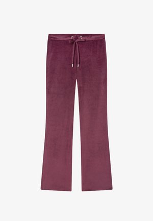 Fioletowe dresowe spodnie z weluru, z elastycznym pasem na sznurki i prostym krojem nogawek.