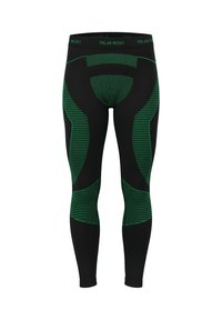 Black leggings featuring green stripes and dots, with a snug fit and a branded waistband, designed for athletic wear.