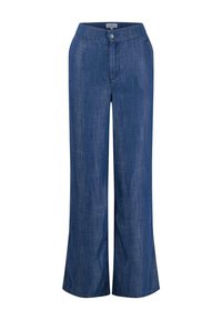 Pantaloni largi din denim albastru închis. Prezintă un închidere cu buton, față plată și buzunare laterale. Textură moale cu o finisare netedă.