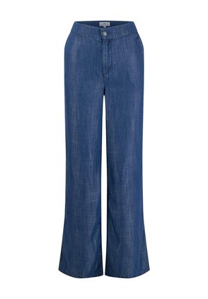 Bredere broek in donkerblauwe denim. Voorzien van een knoopsluiting, een vlakke voorkant en zijzakken. Zachte textuur met een gladde afwerking.