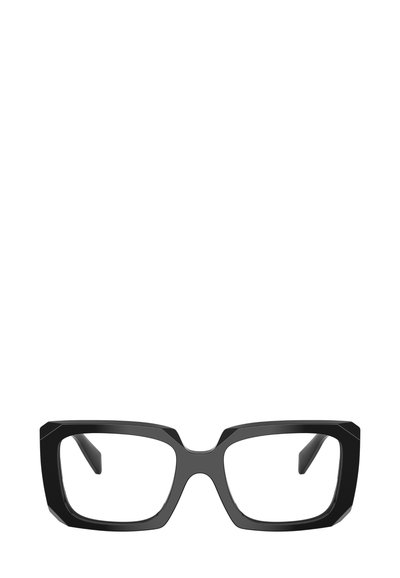 Occhiali rettangolari neri con montature spesse e angolari. Presentano aste piatte e una finitura lucida. Lenti trasparenti senza decorazioni.