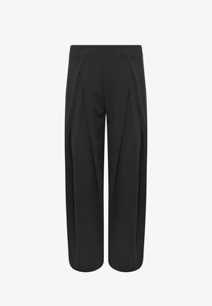 Pantalon noir à jambes larges avec plis devant et taille haute, coupe droite de la taille à la cheville.